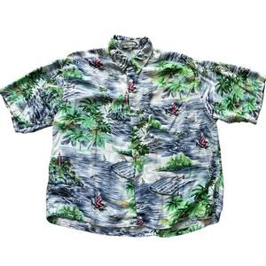 Vintage New Millennium Men’s Hawaiian Shirt Large Tropical Island Sailboat Print